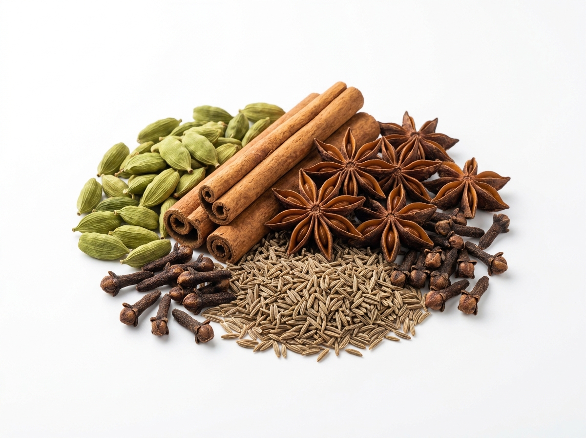 Assorted Whole Indian Spices on neat white background