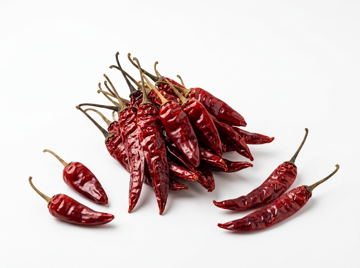 Whole Sun-Dried Indian Red Chillies on neat white background