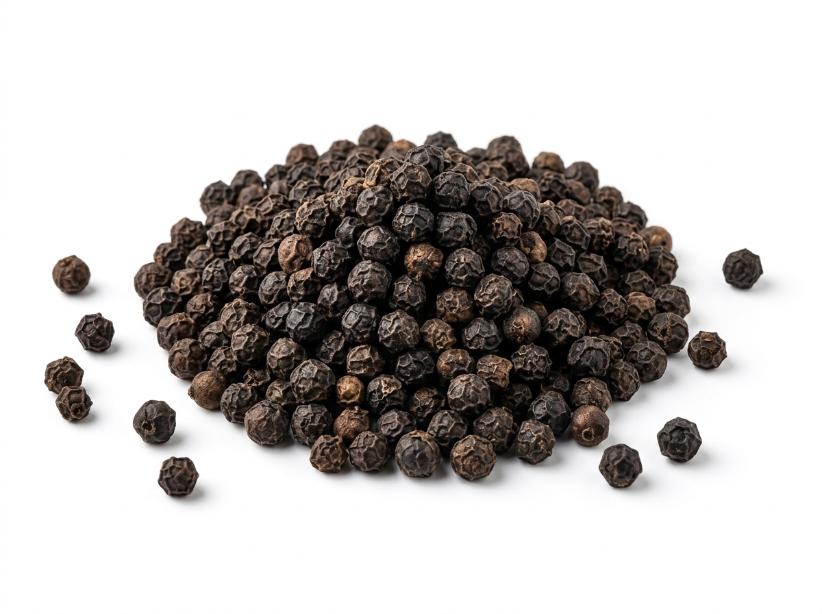 Premium Whole Indian Black Peppercorns on neat white background